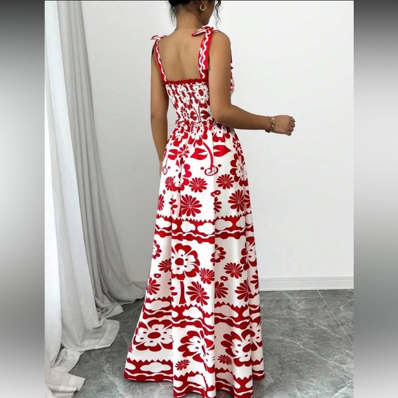 SHEIN Calvaya Women Digital Print Long Strap Boho Asymmetrical Red & White Dress - Picture 2 of 5